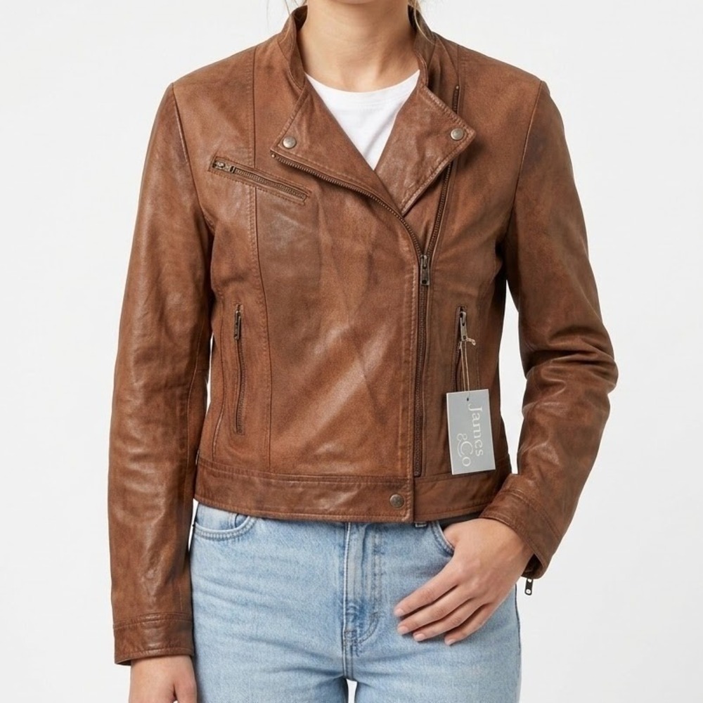 James & Co Moto Jacket L Tan Imogen Vegan Leather Canvas Asymmetric Zip New